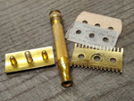 Vtg 1920 Gillette 3 Pc Gold Tech Ball End DE Safety Razor w/Original Blade USA!