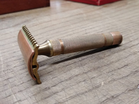 Vtg 1930's Gillette 3 Piece Gold Tech Fat Handle Double Edge Safety Razor USA!