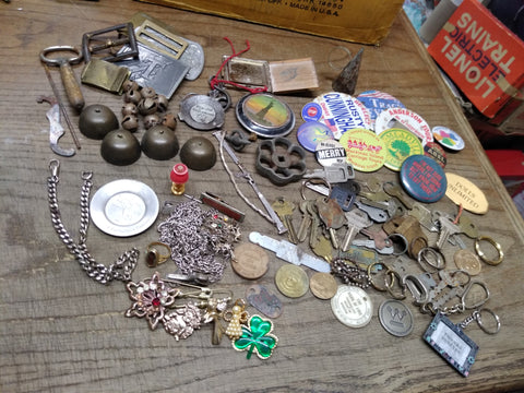 Vtg Junk Drawer Lot Bells Belt Buckles Jewelry Tokens Key Chains Campaign Button