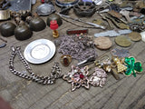 Vtg Junk Drawer Lot Bells Belt Buckles Jewelry Tokens Key Chains Campaign Button