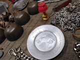 Vtg Junk Drawer Lot Bells Belt Buckles Jewelry Tokens Key Chains Campaign Button