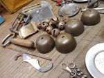 Vtg Junk Drawer Lot Bells Belt Buckles Jewelry Tokens Key Chains Campaign Button
