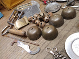 Vtg Junk Drawer Lot Bells Belt Buckles Jewelry Tokens Key Chains Campaign Button