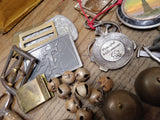 Vtg Junk Drawer Lot Bells Belt Buckles Jewelry Tokens Key Chains Campaign Button
