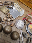 Vtg Junk Drawer Lot Bells Belt Buckles Jewelry Tokens Key Chains Campaign Button