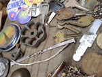 Vtg Junk Drawer Lot Bells Belt Buckles Jewelry Tokens Key Chains Campaign Button