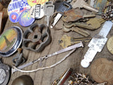 Vtg Junk Drawer Lot Bells Belt Buckles Jewelry Tokens Key Chains Campaign Button