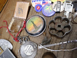Vtg Junk Drawer Lot Bells Belt Buckles Jewelry Tokens Key Chains Campaign Button