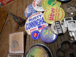 Vtg Junk Drawer Lot Bells Belt Buckles Jewelry Tokens Key Chains Campaign Button