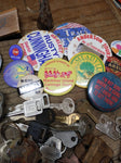 Vtg Junk Drawer Lot Bells Belt Buckles Jewelry Tokens Key Chains Campaign Button