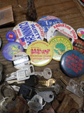 Vtg Junk Drawer Lot Bells Belt Buckles Jewelry Tokens Key Chains Campaign Button