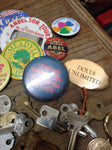 Vtg Junk Drawer Lot Bells Belt Buckles Jewelry Tokens Key Chains Campaign Button