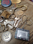 Vtg Junk Drawer Lot Bells Belt Buckles Jewelry Tokens Key Chains Campaign Button