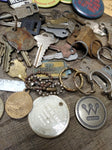 Vtg Junk Drawer Lot Bells Belt Buckles Jewelry Tokens Key Chains Campaign Button