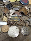Vtg Junk Drawer Lot Bells Belt Buckles Jewelry Tokens Key Chains Campaign Button