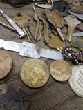 Vtg Junk Drawer Lot Bells Belt Buckles Jewelry Tokens Key Chains Campaign Button