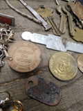 Vtg Junk Drawer Lot Bells Belt Buckles Jewelry Tokens Key Chains Campaign Button
