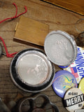 Vtg Junk Drawer Lot Bells Belt Buckles Jewelry Tokens Key Chains Campaign Button