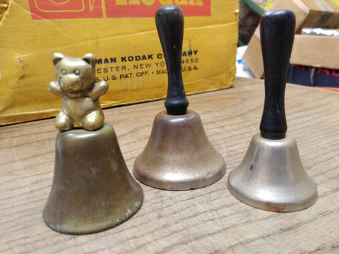 Vtg 3 Piece Brass Teddy Bear and School Bell Lot with Strikers Sounds Great!