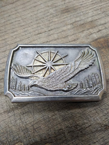 Vtg Eagle Sun Mountains Trees Brass Belt Buckle 3.5"