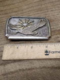 Vtg Eagle Sun Mountains Trees Brass Belt Buckle 3.5"