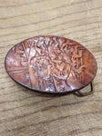 Vtg 1987 Stamped Oval Fireman Saving Girl Leather Belt Buckle 3.25"