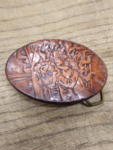 Vtg 1987 Stamped Oval Fireman Saving Girl Leather Belt Buckle 3.25"