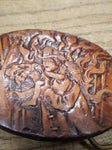 Vtg 1987 Stamped Oval Fireman Saving Girl Leather Belt Buckle 3.25"