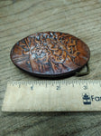 Vtg 1987 Stamped Oval Fireman Saving Girl Leather Belt Buckle 3.25"