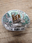 Vtg C+J Inc White Tail Buck Look Familiar? Colored Enamel Belt Buckle 3.5" Sharp