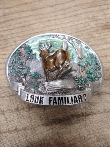 Vtg C+J Inc White Tail Buck Look Familiar? Colored Enamel Belt Buckle 3.5" Sharp