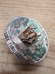 Vtg C+J Inc White Tail Buck Look Familiar? Colored Enamel Belt Buckle 3.5" Sharp