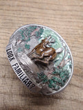 Vtg C+J Inc White Tail Buck Look Familiar? Colored Enamel Belt Buckle 3.5" Sharp
