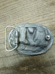 Vtg C+J Inc White Tail Buck Look Familiar? Colored Enamel Belt Buckle 3.5" Sharp
