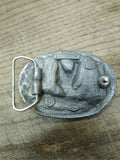 Vtg C+J Inc White Tail Buck Look Familiar? Colored Enamel Belt Buckle 3.5" Sharp