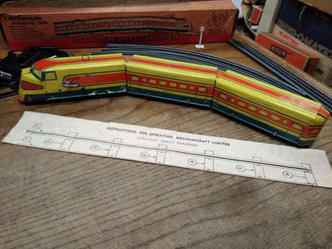 Vtg Mechanicraft Limited Streamlined Metal Wind Up Train w/2 Cars Track Orig Box