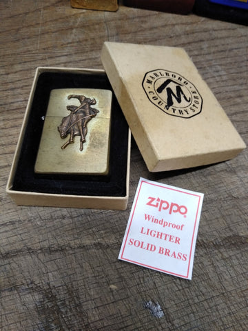1995 Zippo Marlboro Country Store Bronco Solid Brass Gold Insert Lighter w/Box!