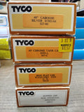 Vtg 4 Pc HO Scale TYCO Lot Silver Streak Caboose Tanker Flat Car Hopper w/Boxes