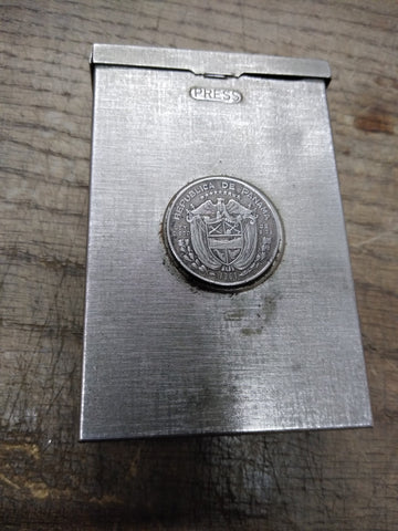 Vtg Metal Cigarette Case w/1961 1/4 90% Silver Balboa Republica De Panama Coin