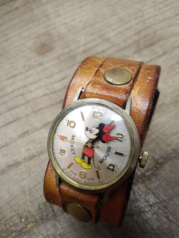 Vtg Bradley 50 Years Mickey Mouse Swiss Wrist Watch 1 Jewel Leather Strap Repair
