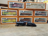 Vtg TYCO HO Scale 99 Santa Fe Steam Locomotive Tender and 7 Cars Boxes Working!