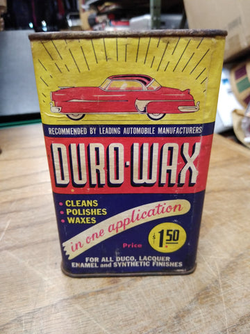 Vtg 1950s Auto Duro Wax Can Cleans Polish Oil Gas Great Graphix Buick Cadillac!