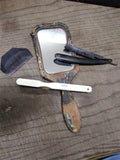 Vtg 4 Pc Primitive Shaving Travel Kit Lot Mirror Comb Tooth Brush Straight Razor
