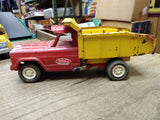 Vtg Tonka Dual Wheel Dump Truck Red and Yellow Pressed Steel Toy 10 inch Works!