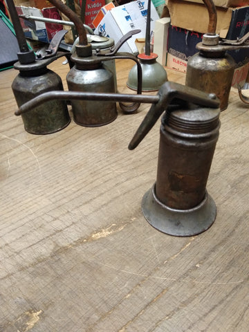 Vtg K P MFG Co Thumb Pump Oiler Can 5 Inches Tall 3 Inch Diameter Gas & Oil