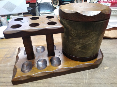 Vtg Aztec 6 Piece Smoking Pipe Wooden Stand Holder Rack with Humidor Nice Shape!
