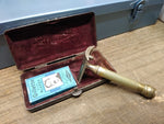 Vtg Antique Gillette 3 Piece Gold Tone Open Comb Razor w/Blades Silver Plate Box