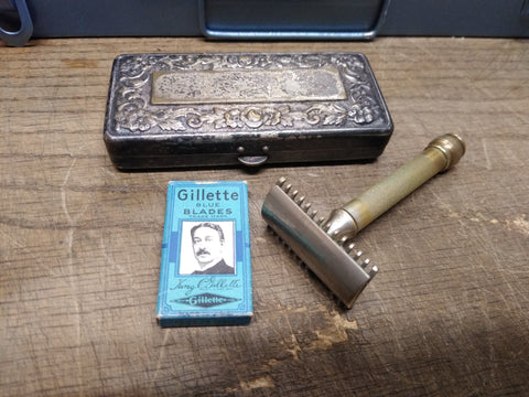 Vtg Antique Gillette 3 Piece Gold Tone Open Comb Razor w/Blades Silver Plate Box