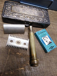 Vtg Antique Gillette 3 Piece Gold Tone Open Comb Razor w/Blades Silver Plate Box