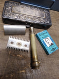 Vtg Antique Gillette 3 Piece Gold Tone Open Comb Razor w/Blades Silver Plate Box